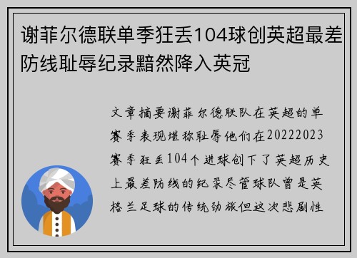 谢菲尔德联单季狂丢104球创英超最差防线耻辱纪录黯然降入英冠 谢菲尔德联单季狂丢104球创英超最差防线耻辱纪录黯然降入英冠